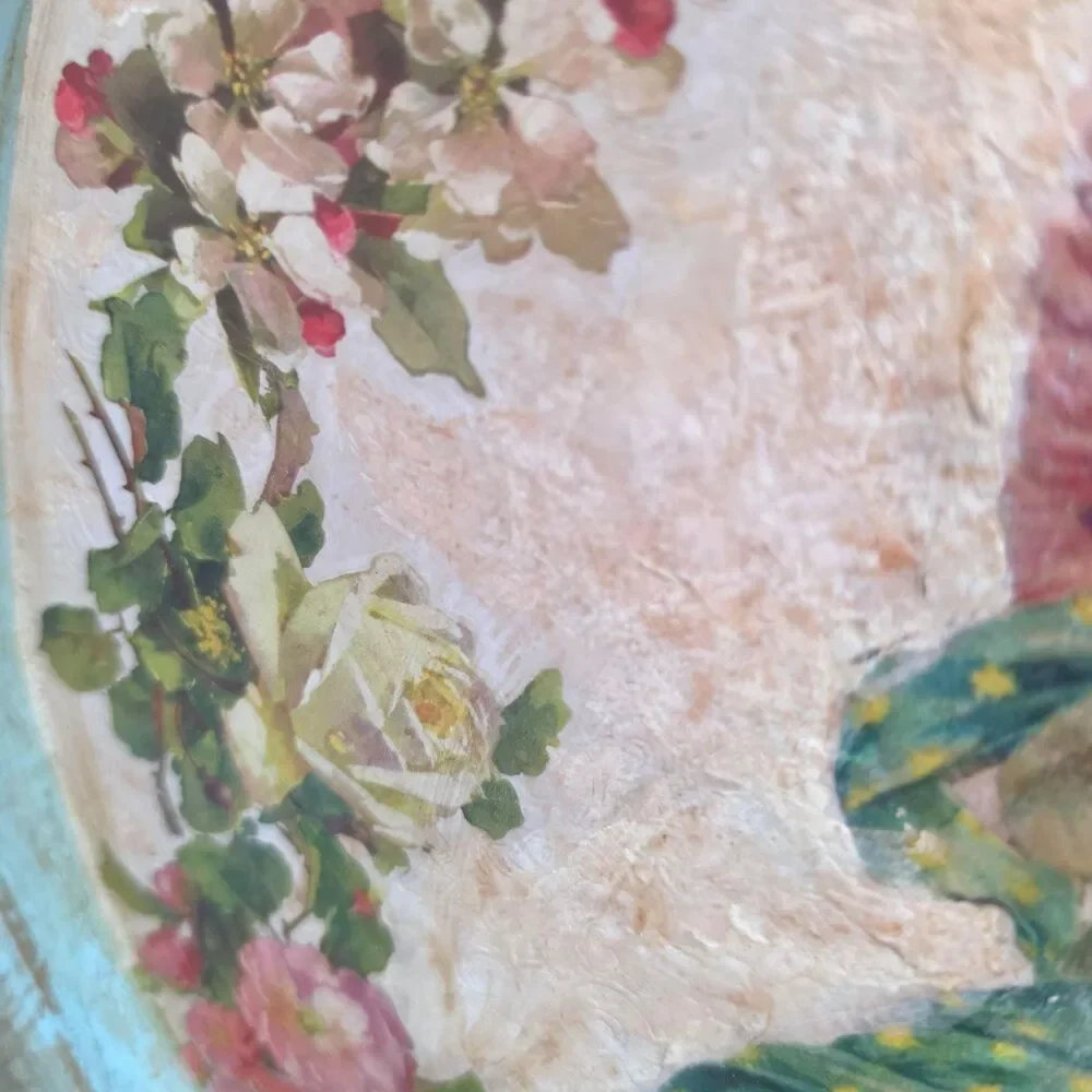 Upcycled 15 Inch Round Metal Tray with Vintage Angel & Floral Decoupage